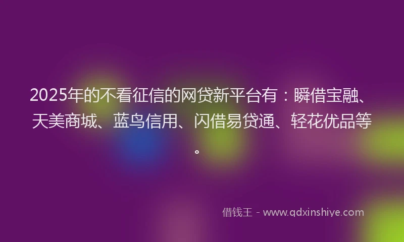 2025年的不看征信的网贷新平台有：瞬借宝融、天美商城、蓝鸟信用、闪借易贷通、轻花优品等。