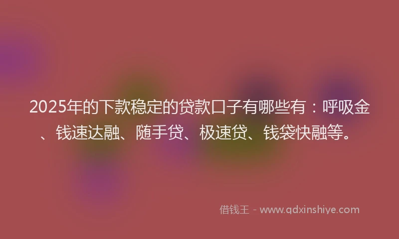 2025年的下款稳定的贷款口子有哪些有：呼吸金、钱速达融、随手贷、极速贷、钱袋快融等。