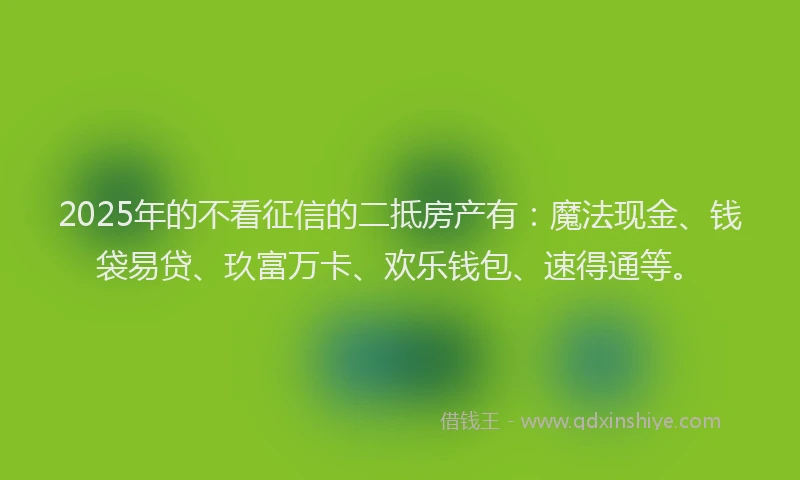2025年的不看征信的二抵房产有：魔法现金、钱袋易贷、玖富万卡、欢乐钱包、速得通等。