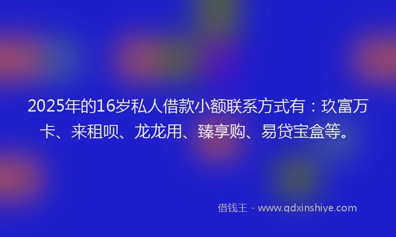 2025年的16岁私人借款小额联系方式有：玖富万卡、来租呗、龙龙用、臻享购、易贷宝盒等。
