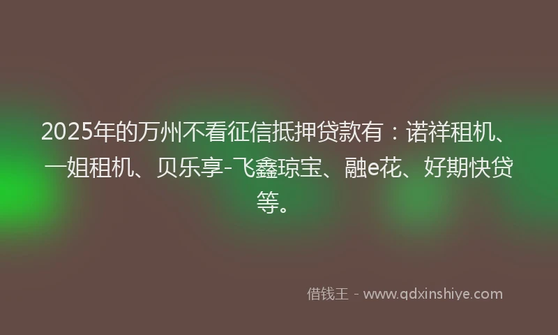 2025年的万州不看征信抵押贷款有：诺祥租机、一姐租机、贝乐享-飞鑫琼宝、融e花、好期快贷等。