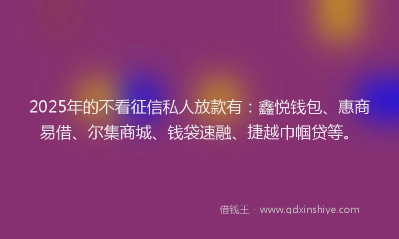 2025年的不看征信私人放款有：鑫悦钱包、惠商易借、尔集商城、钱袋速融、捷越巾帼贷等。