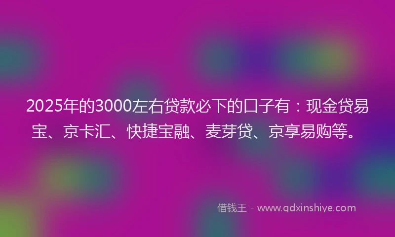 2025年的3000左右贷款必下的口子有：现金贷易宝、京卡汇、快捷宝融、麦芽贷、京享易购等。