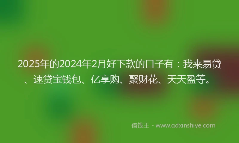 2025年的2024年2月好下款的口子有：我来易贷、速贷宝钱包、亿享购、聚财花、天天盈等。