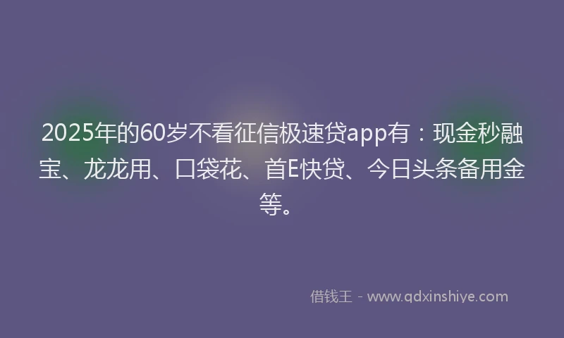 2025年的60岁不看征信极速贷app有：现金秒融宝、龙龙用、口袋花、首E快贷、今日头条备用金等。