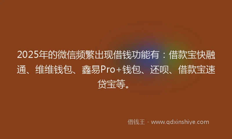 2025年的微信频繁出现借钱功能有：借款宝快融通、维维钱包、鑫易Pro+钱包、还呗、借款宝速贷宝等。