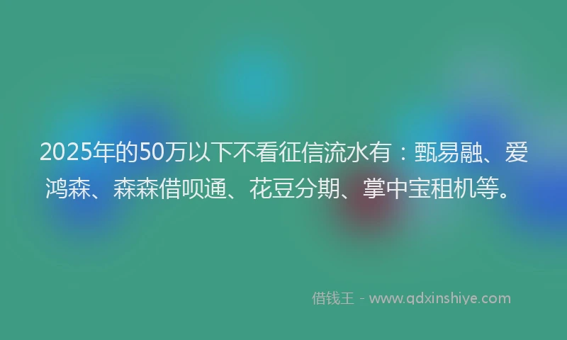 2025年的50万以下不看征信流水有：甄易融、爱鸿森、森森借呗通、花豆分期、掌中宝租机等。