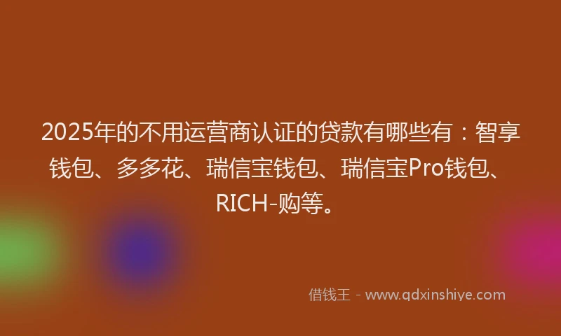 2025年的不用运营商认证的贷款有哪些有：智享钱包、多多花、瑞信宝钱包、瑞信宝Pro钱包、RICH-购等。