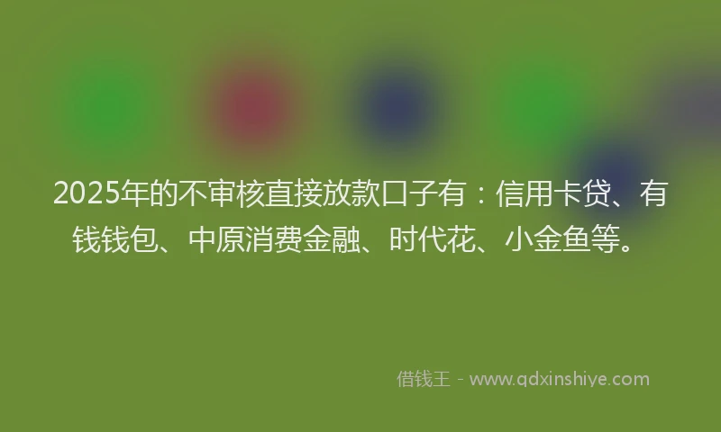 2025年的不审核直接放款口子有：信用卡贷、有钱钱包、中原消费金融、时代花、小金鱼等。