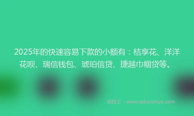 2025年的快速容易下款的小额有：桔享花、洋洋花呗、瑞信钱包、琥珀信贷、捷越巾帼贷等。