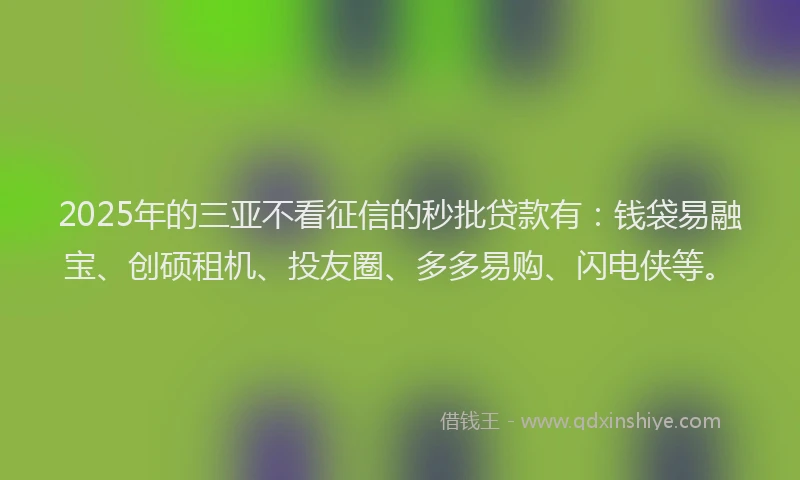 2025年的三亚不看征信的秒批贷款有：钱袋易融宝、创硕租机、投友圈、多多易购、闪电侠等。