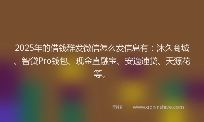 2025年的借钱群发微信怎么发信息有：沐久商城、智贷Pro钱包、现金直融宝、安逸速贷、天源花等。