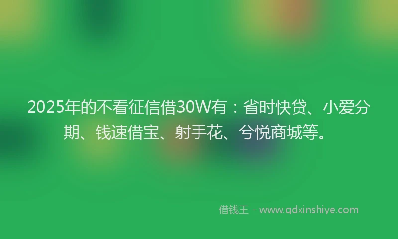 2025年的不看征信借30W有：省时快贷、小爱分期、钱速借宝、射手花、兮悦商城等。