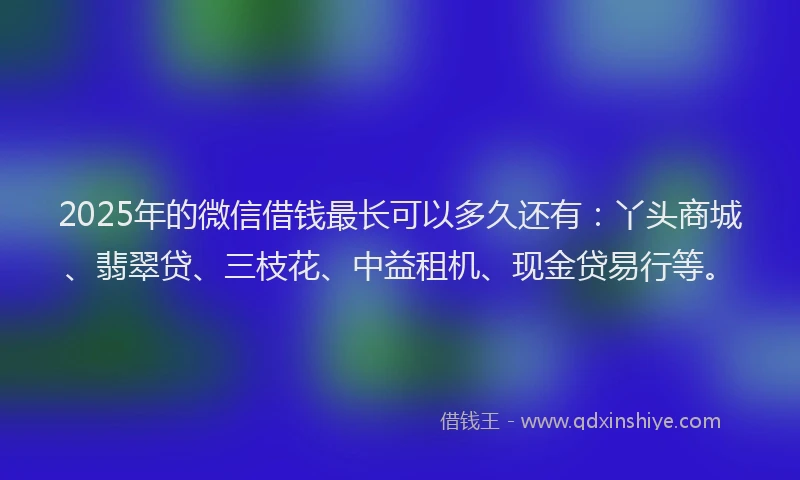 2025年的微信借钱最长可以多久还有：丫头商城、翡翠贷、三枝花、中益租机、现金贷易行等。