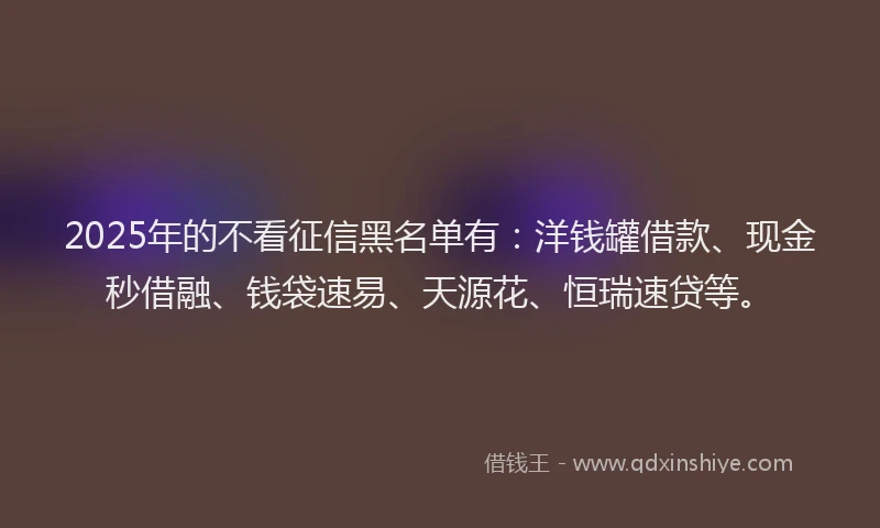 2025年的不看征信黑名单有：洋钱罐借款、现金秒借融、钱袋速易、天源花、恒瑞速贷等。