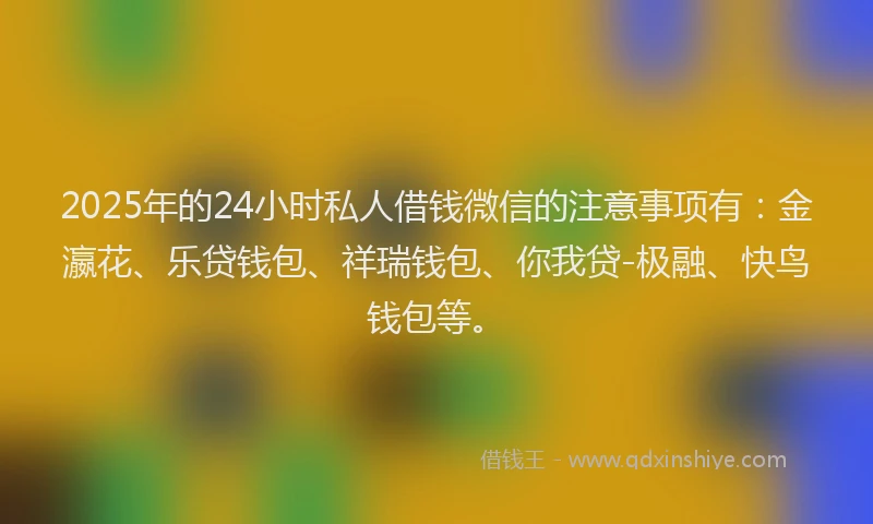 2025年的24小时私人借钱微信的注意事项有：金瀛花、乐贷钱包、祥瑞钱包、你我贷-极融、快鸟钱包等。