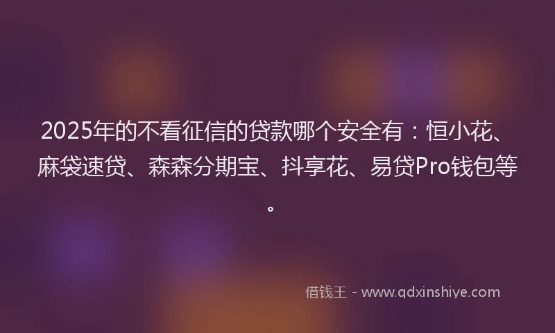 2025年的不看征信的贷款哪个安全有：恒小花、麻袋速贷、森森分期宝、抖享花、易贷Pro钱包等。