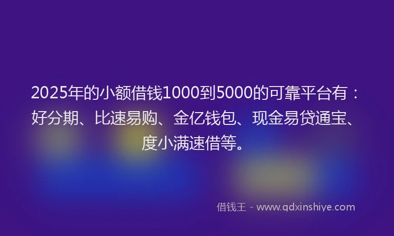 2025年的小额借钱1000到5000的可靠平台有：好分期、比速易购、金亿钱包、现金易贷通宝、度小满速借等。