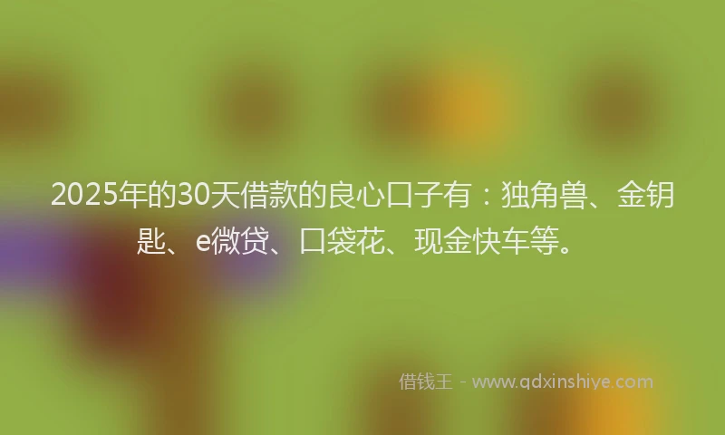 2025年的30天借款的良心口子有：独角兽、金钥匙、e微贷、口袋花、现金快车等。