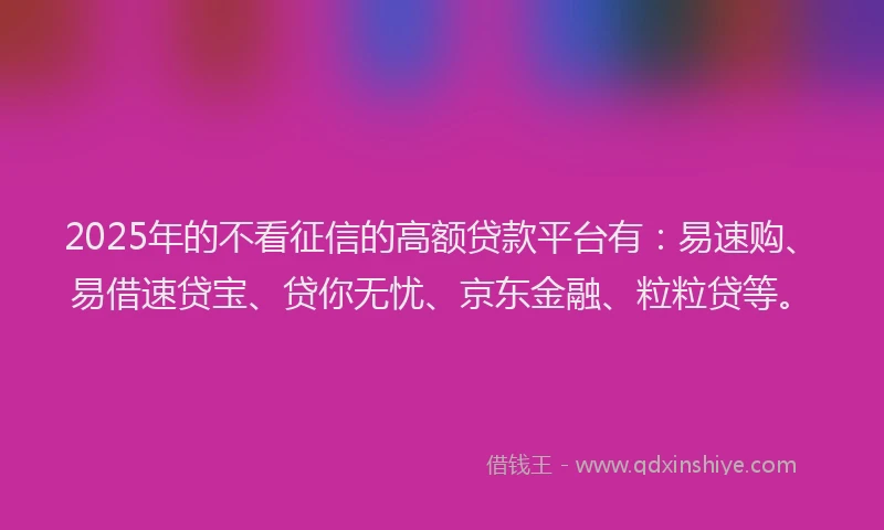 2025年的不看征信的高额贷款平台有：易速购、易借速贷宝、贷你无忧、京东金融、粒粒贷等。