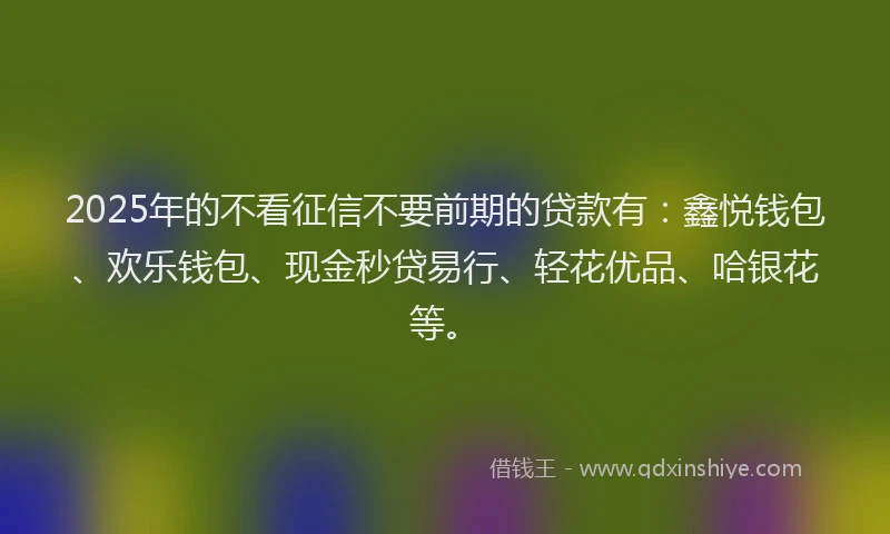 2025年的不看征信不要前期的贷款有：鑫悦钱包、欢乐钱包、现金秒贷易行、轻花优品、哈银花等。