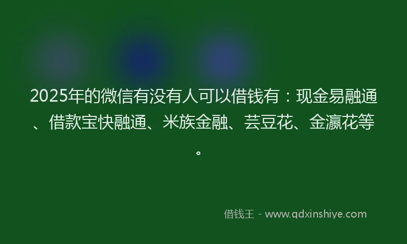 2025年的微信有没有人可以借钱有：现金易融通、借款宝快融通、米族金融、芸豆花、金瀛花等。