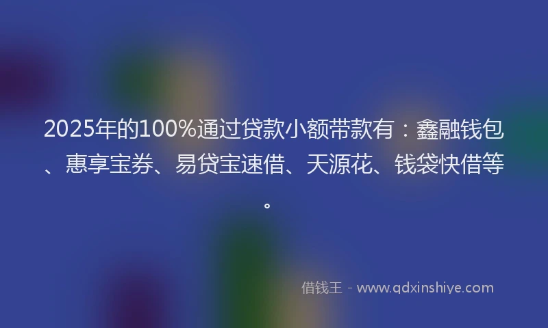 2025年的100%通过贷款小额带款有：鑫融钱包、惠享宝券、易贷宝速借、天源花、钱袋快借等。