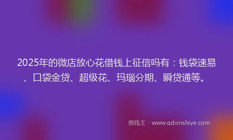 2025年的微店放心花借钱上征信吗有：钱袋速易、口袋金贷、超级花、玛瑙分期、瞬贷通等。