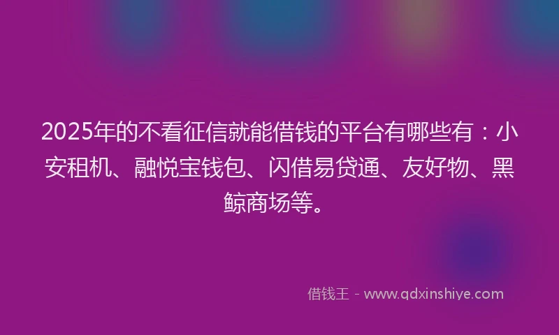 2025年的不看征信就能借钱的平台有哪些有：小安租机、融悦宝钱包、闪借易贷通、友好物、黑鲸商场等。