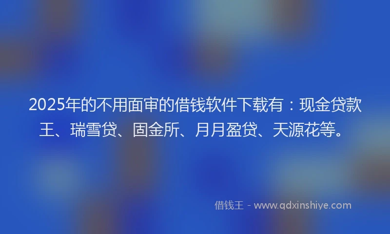 2025年的不用面审的借钱软件下载有：现金贷款王、瑞雪贷、固金所、月月盈贷、天源花等。