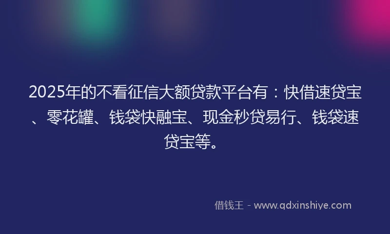 2025年的不看征信大额贷款平台有：快借速贷宝、零花罐、钱袋快融宝、现金秒贷易行、钱袋速贷宝等。