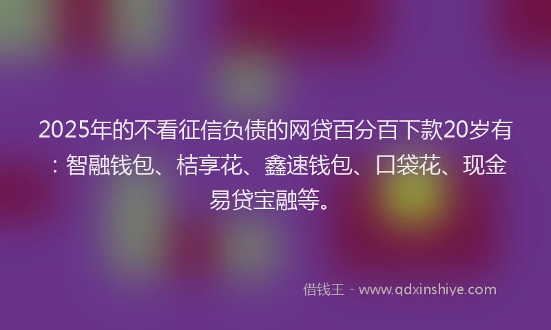 2025年的不看征信负债的网贷百分百下款20岁有：智融钱包、桔享花、鑫速钱包、口袋花、现金易贷宝融等。