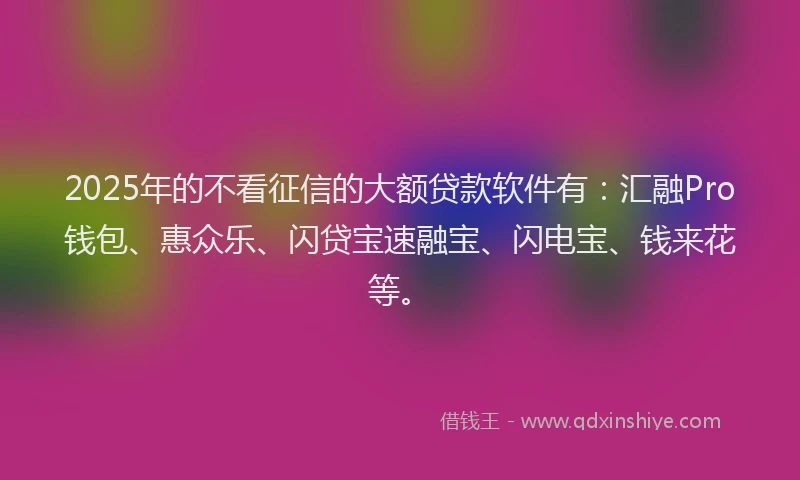 2025年的不看征信的大额贷款软件有：汇融Pro钱包、惠众乐、闪贷宝速融宝、闪电宝、钱来花等。