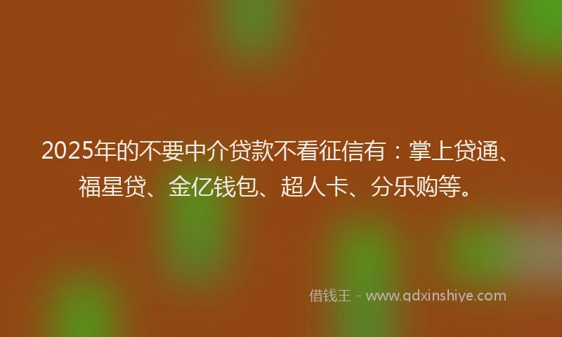 2025年的不要中介贷款不看征信有：掌上贷通、福星贷、金亿钱包、超人卡、分乐购等。