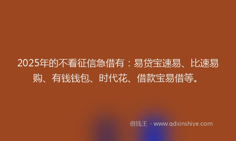2025年的不看征信急借有：易贷宝速易、比速易购、有钱钱包、时代花、借款宝易借等。
