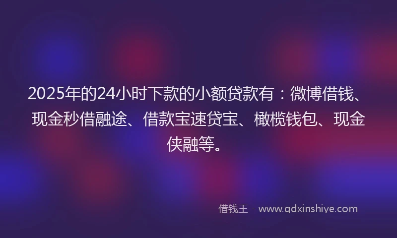 2025年的24小时下款的小额贷款有：微博借钱、现金秒借融途、借款宝速贷宝、橄榄钱包、现金侠融等。