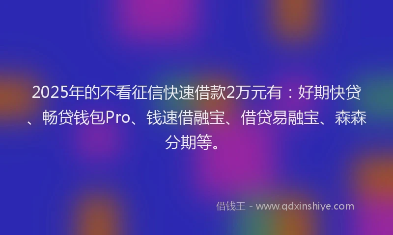 2025年的不看征信快速借款2万元有：好期快贷、畅贷钱包Pro、钱速借融宝、借贷易融宝、森森分期等。