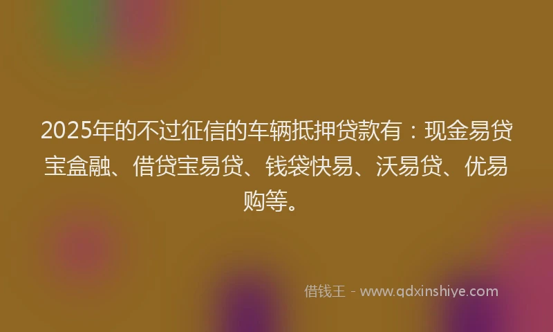 2025年的不过征信的车辆抵押贷款有：现金易贷宝盒融、借贷宝易贷、钱袋快易、沃易贷、优易购等。