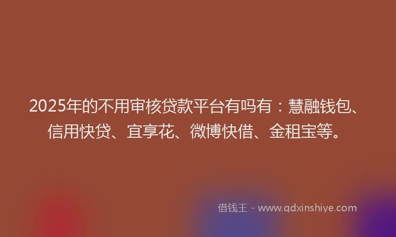 2025年的不用审核贷款平台有吗有：慧融钱包、信用快贷、宜享花、微博快借、金租宝等。