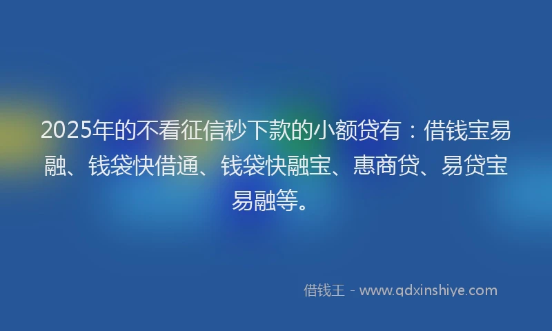 2025年的不看征信秒下款的小额贷有：借钱宝易融、钱袋快借通、钱袋快融宝、惠商贷、易贷宝易融等。