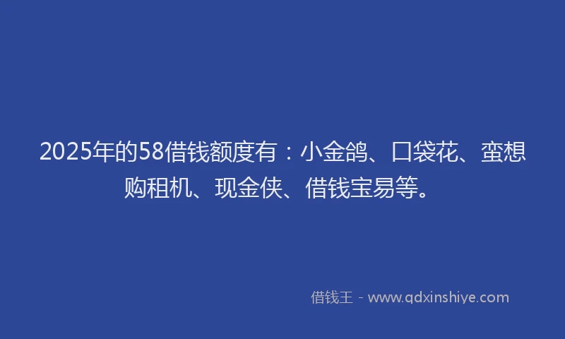 2025年的58借钱额度有：小金鸽、口袋花、蛮想购租机、现金侠、借钱宝易等。