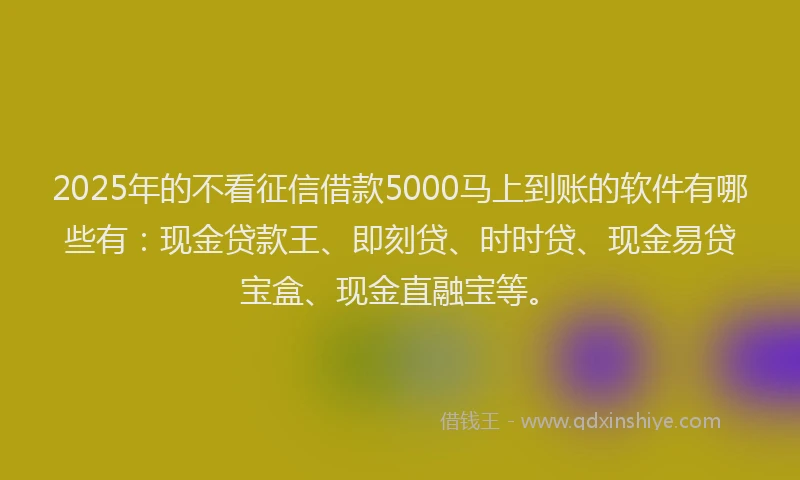 2025年的不看征信借款5000马上到账的软件有哪些有：现金贷款王、即刻贷、时时贷、现金易贷宝盒、现金直融宝等。