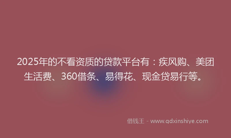 2025年的不看资质的贷款平台有：疾风购、美团生活费、360借条、易得花、现金贷易行等。