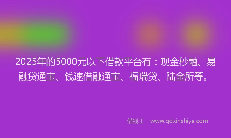 2025年的5000元以下借款平台有：现金秒融、易融贷通宝、钱速借融通宝、福瑞贷、陆金所等。