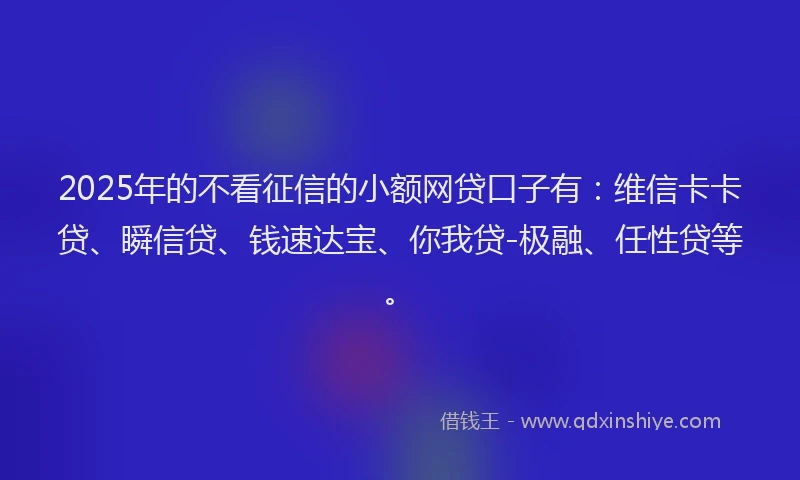 2025年的不看征信的小额网贷口子有：维信卡卡贷、瞬信贷、钱速达宝、你我贷-极融、任性贷等。