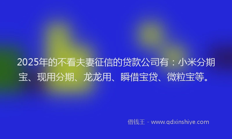 2025年的不看夫妻征信的贷款公司有：小米分期宝、现用分期、龙龙用、瞬借宝贷、微粒宝等。