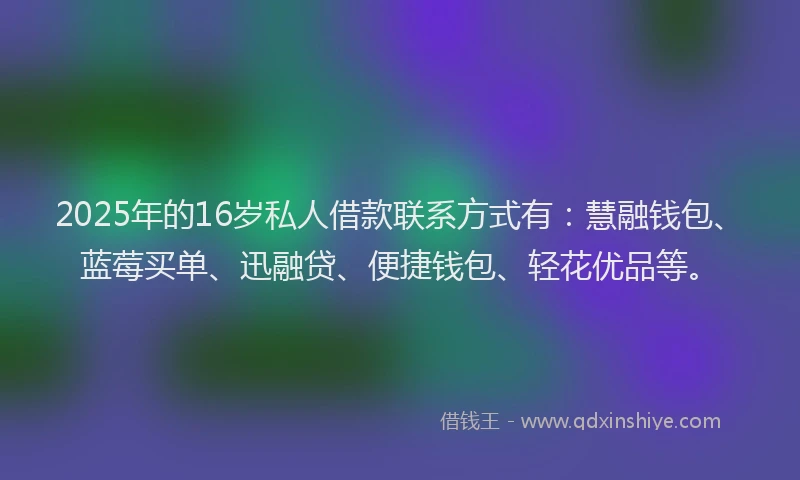 2025年的16岁私人借款联系方式有：慧融钱包、蓝莓买单、迅融贷、便捷钱包、轻花优品等。