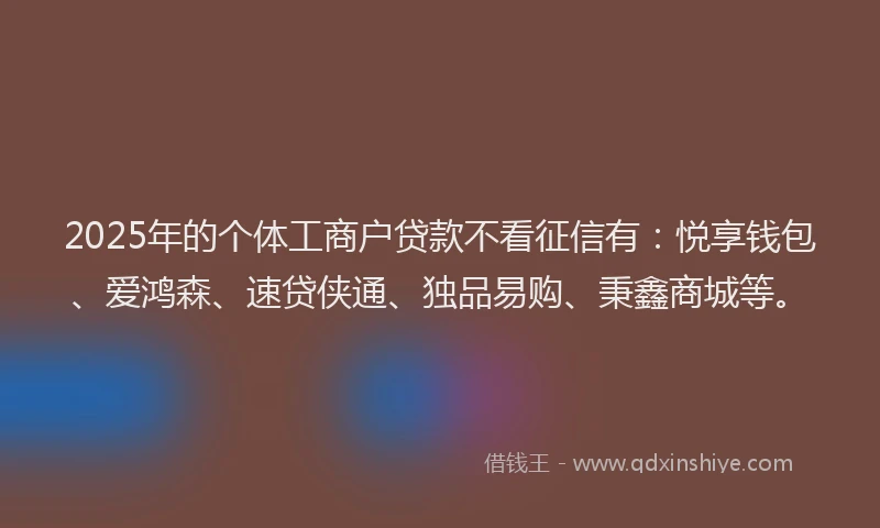 2025年的个体工商户贷款不看征信有：悦享钱包、爱鸿森、速贷侠通、独品易购、秉鑫商城等。