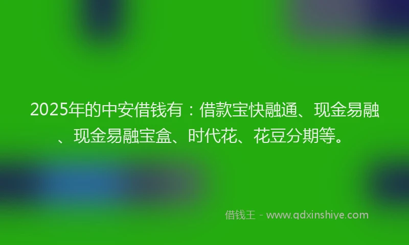 2025年的中安借钱有：借款宝快融通、现金易融、现金易融宝盒、时代花、花豆分期等。