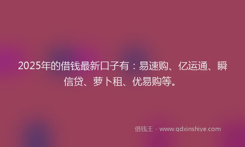 2025年的借钱最新口子有：易速购、亿运通、瞬信贷、萝卜租、优易购等。